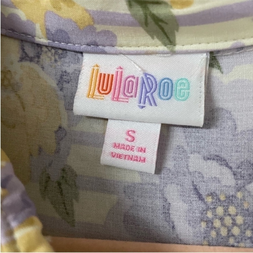 LulaRoe size small yellow and purple floral and stripes button down shirt - Picture 3 of 5